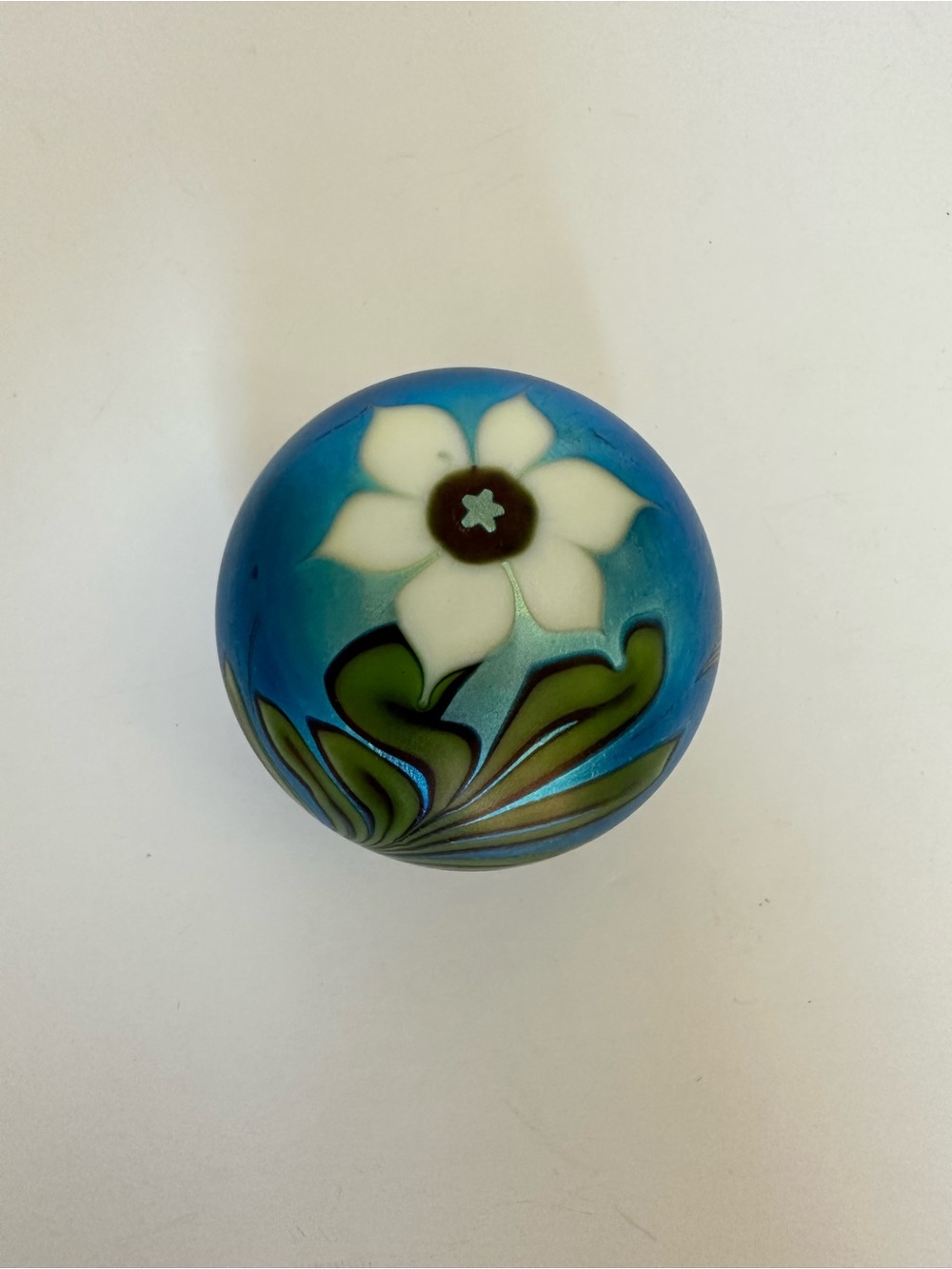 Vintage Orient & Flume Glass Blue & White Flower Iridescent Paperweight-1977